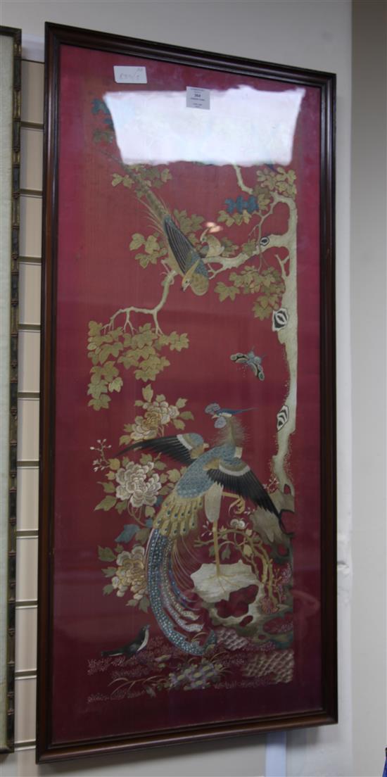 A Chinese embroidered silk bird panel, 101 x 44cm, framed